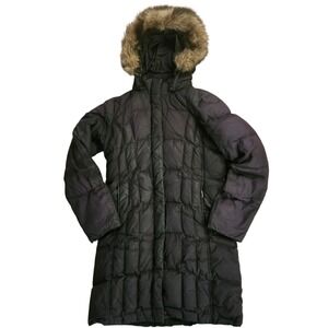 Eddie Bauer Premium‎ Goose Down Parka Jacket Sz Small Black Faux Fur Hood Coat